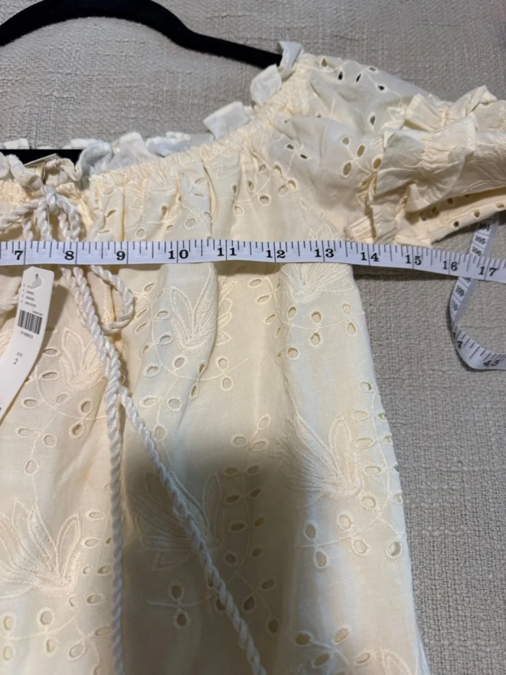 Anthropologie Cream Eyelet Off-Shoulder Peasant Blouse with Tassel